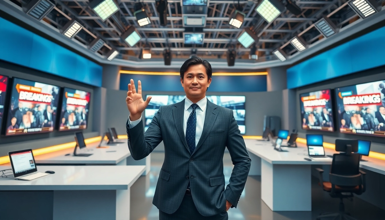 News reporter delivering breaking news in a bright, modern newsroom setting.