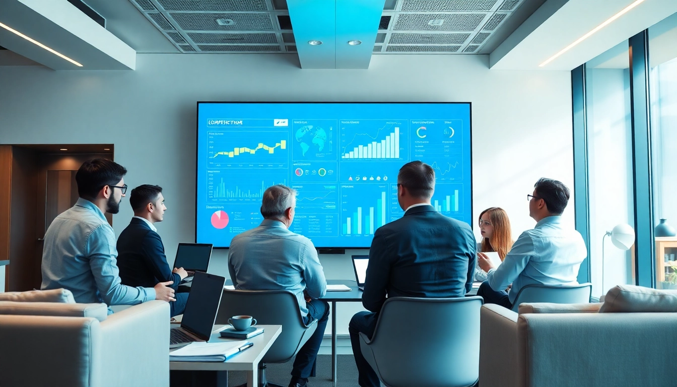 Analyze competitive intelligence data with a professional team using advanced analytics in a modern office environment.