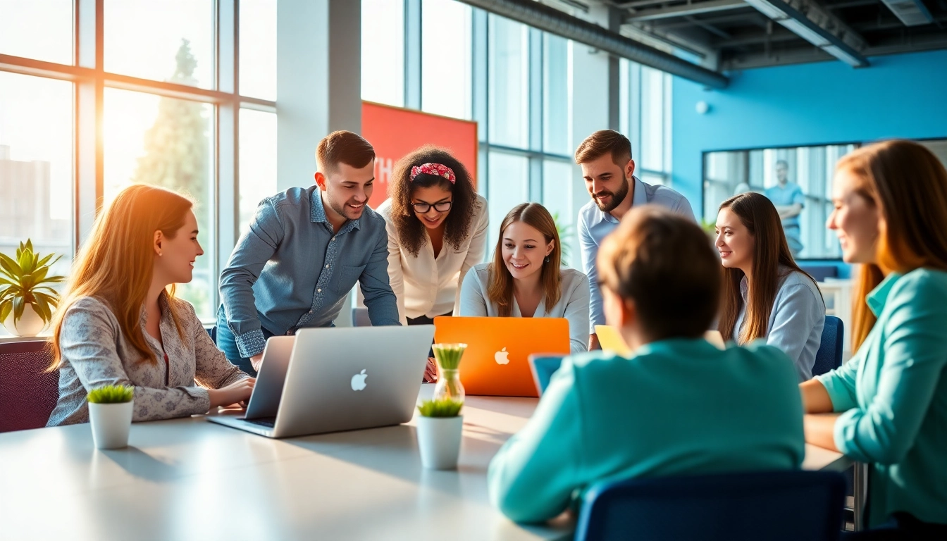 Engaged marketing professionals collaborating in a professional setting representing agencia hubspot.