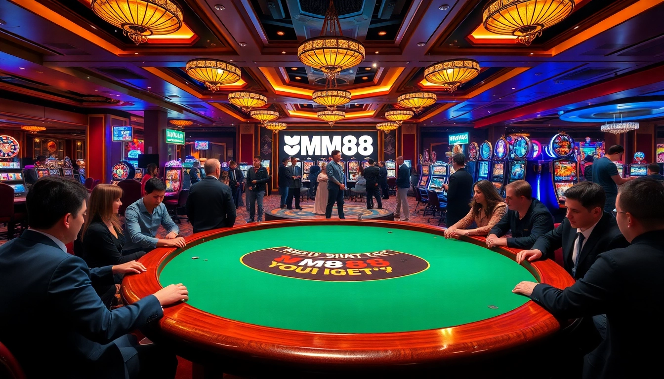 Experience the thrill of MM88 casino with engaging players at a plush poker table.
