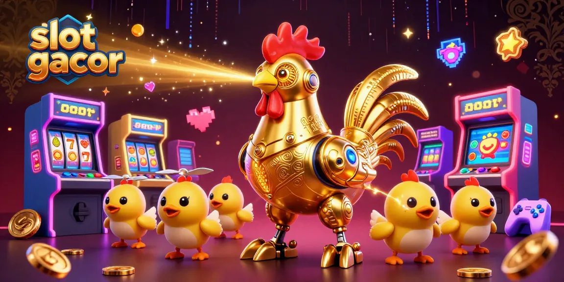 Win big with slot gacor as a golden rooster robot shoots lasers in a dazzling casino atmosphere.