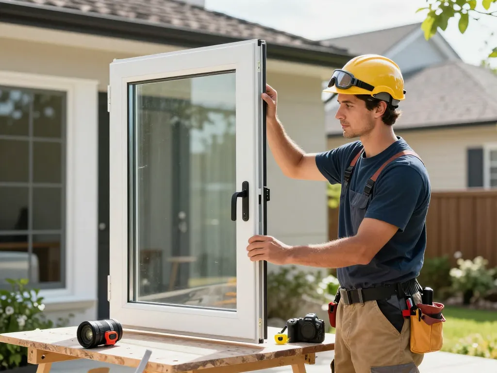 Glass window replacement scene with contractor installing energy-efficient window in a suburban home, highlighting skilled craftsmanship.