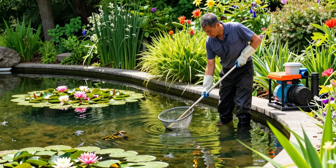 Pond Cleaning Kent expert maintaining a beautiful garden pond in Kent.