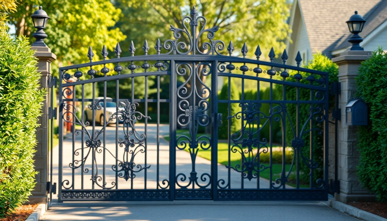 Showcasing custom steel gates featuring elegant designs and intricate details in a lush outdoor setting.