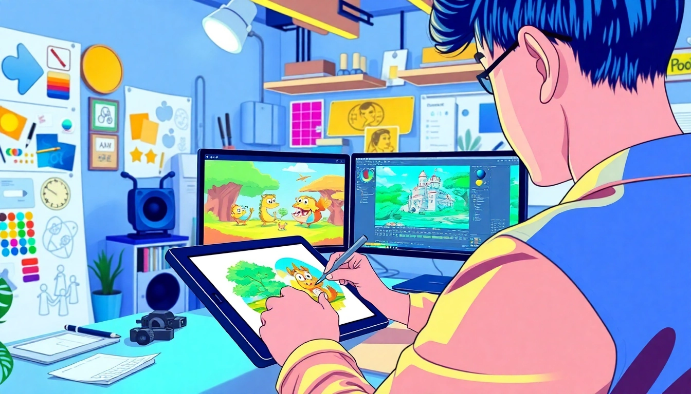 Animation Erstellen in einer kreativen Arbeitsumgebung mit einem Designer und einem Bildschirm.