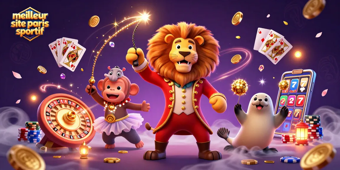 Jouez sur le meilleur site de paris sportif avec des personnages de cirque animés, des jeux et des éléments flottants.