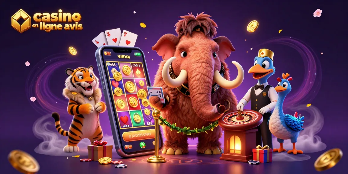Casino en ligne avis: Illustrant un mammouth, un tigre et un dodo dans un univers de jeux dynamiques.