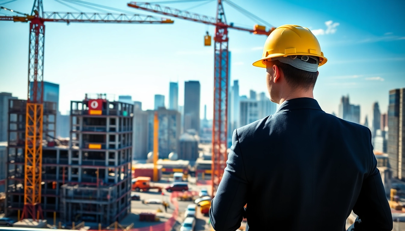 New York City Construction Manager inspecting a project with a skyline backdrop.