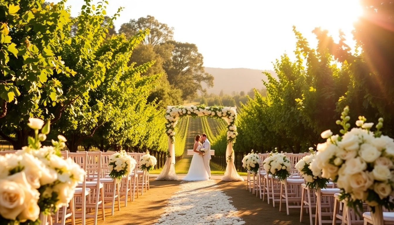 Northern California wedding venues highlight a romantic vineyard ceremony under soft sunlight