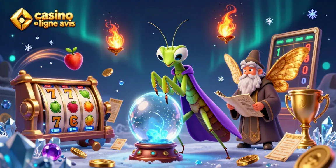 Illustration dynamique du casino en ligne avis avec un mante religieuse et une mite, entourés d'éléments de jeux.