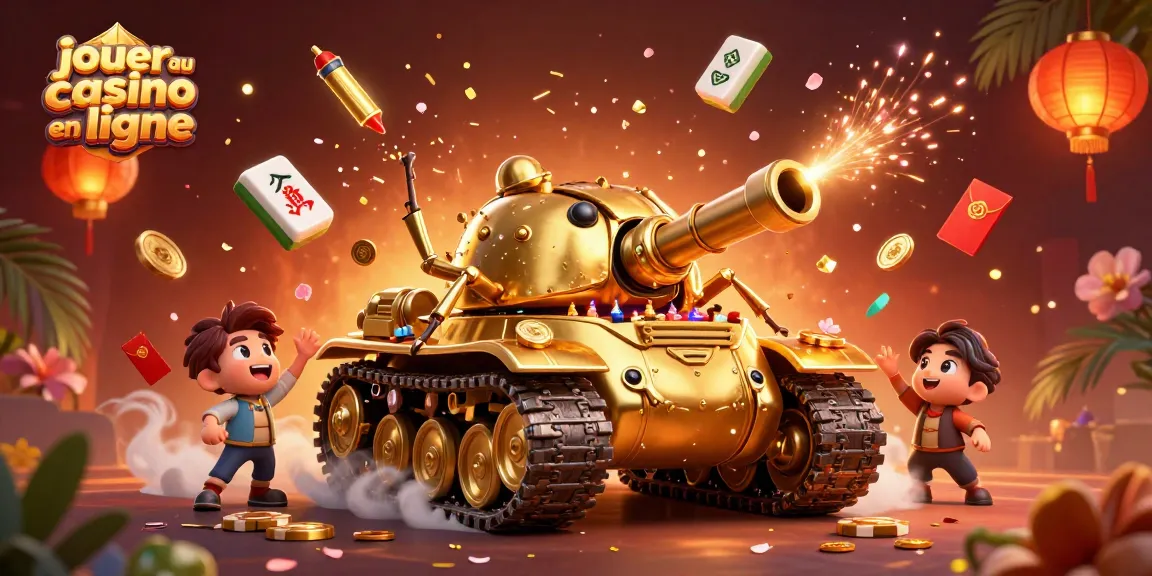 Jouer au casino en ligne avec un tank cartoon doré, révélant un mini-casino animé.