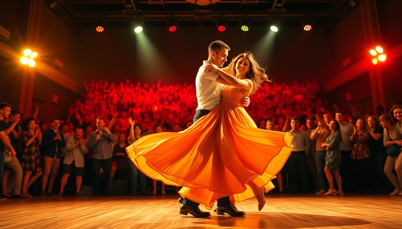 Couple performing Carolina Dance on stage, captivating the audience with their energy.