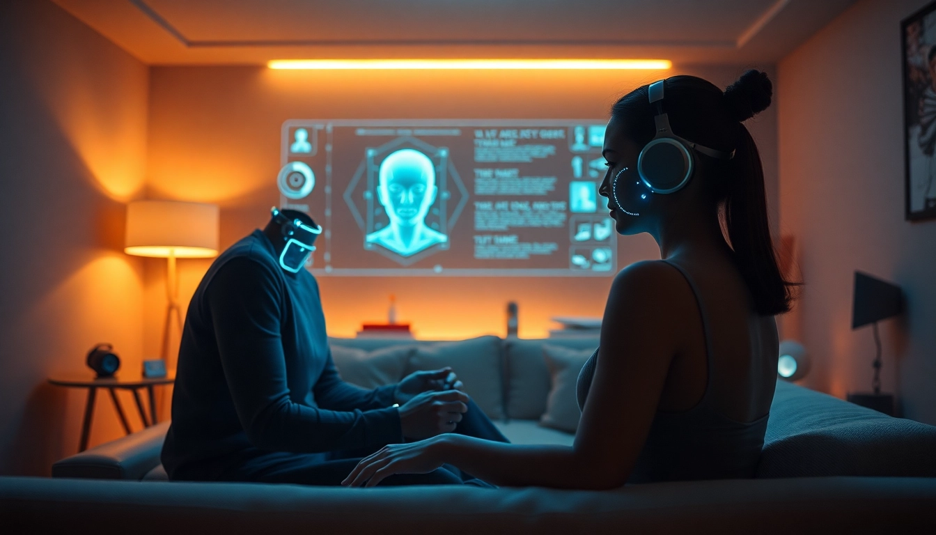 AI sex interaction in a cozy, high-tech room with a glowing holographic companion.
