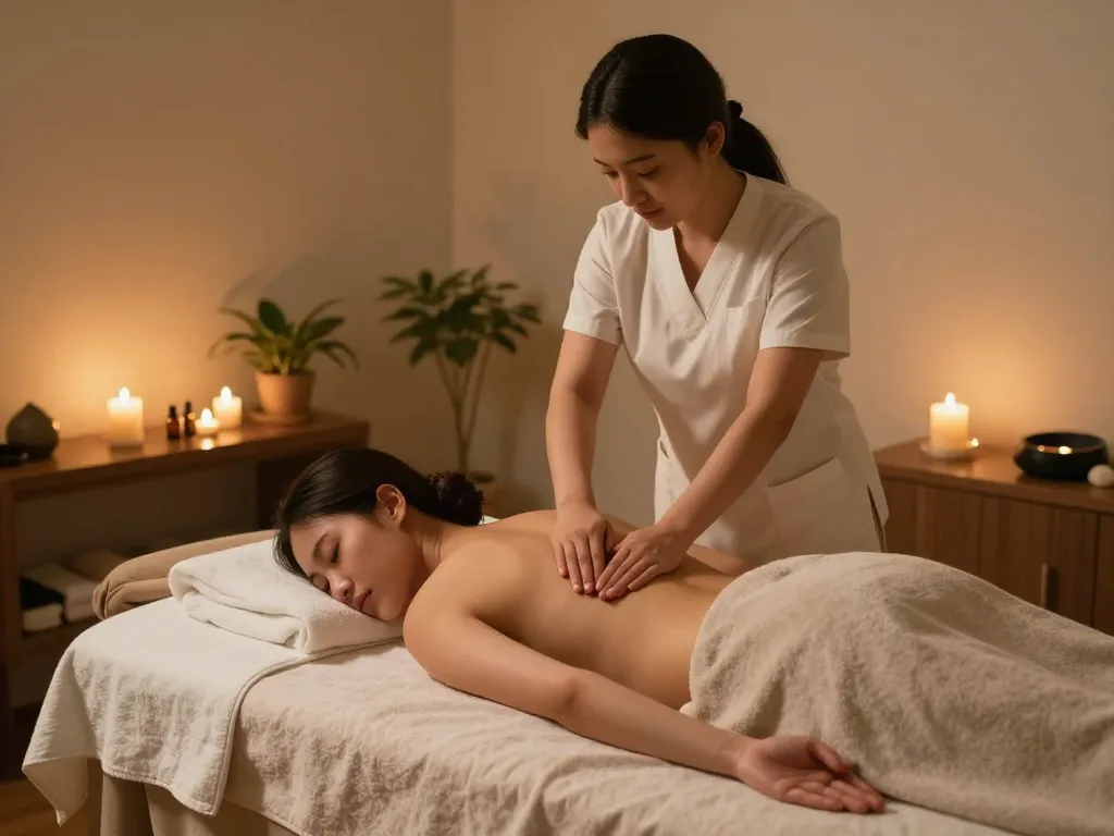 Experience a soothing 부전동마사지 in a tranquil spa environment with serene lighting and essential oils.