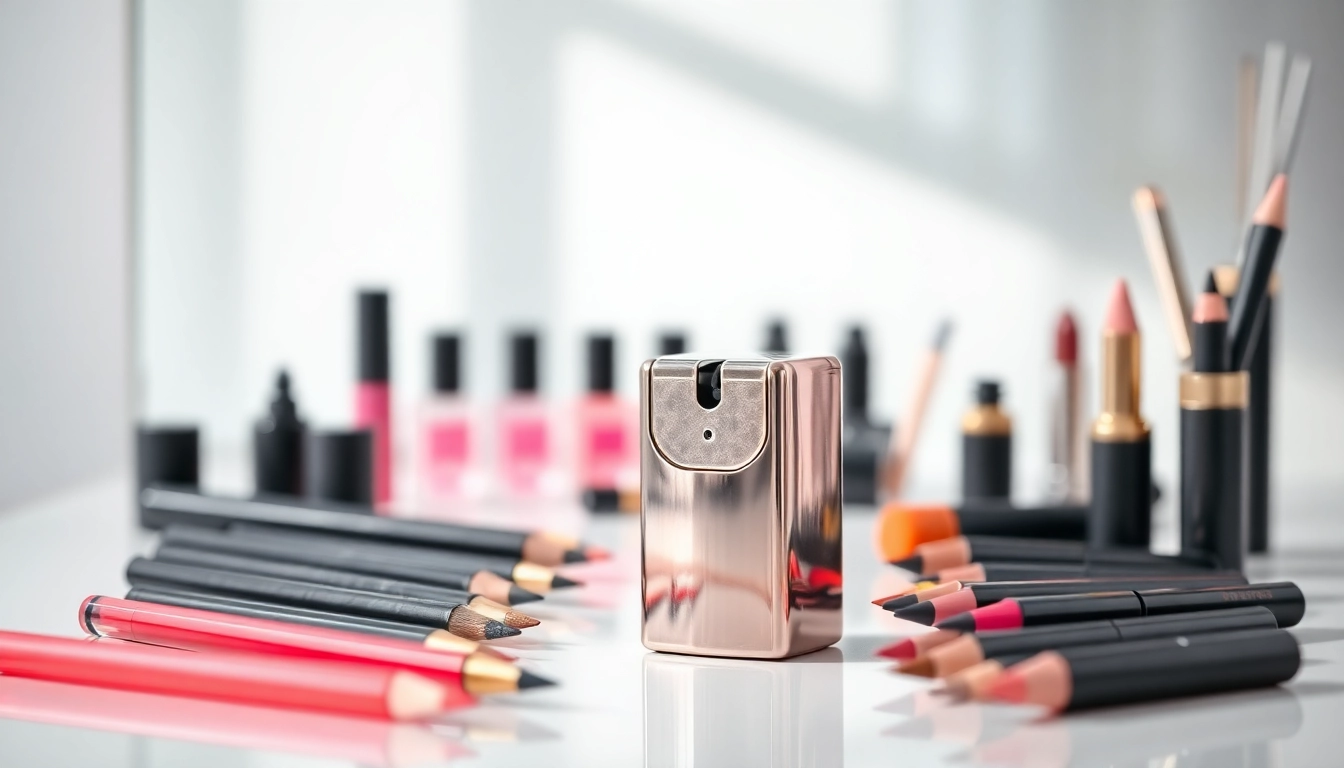 Utilize a makeup pencil sharpener on a chic vanity among colorful makeup products.