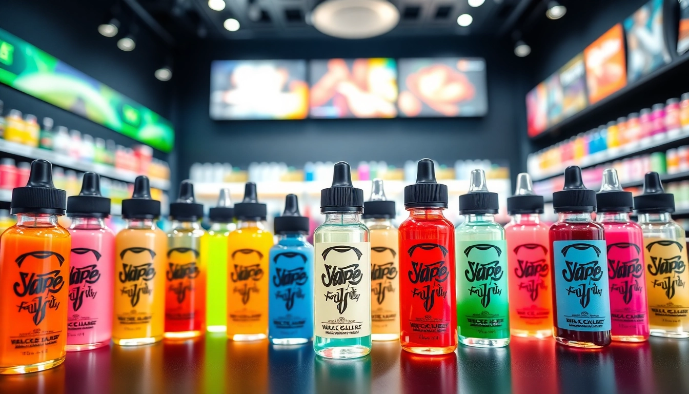 Shop premium Vape Juice with vibrant colors displayed in stylish bottles on a sleek surface.