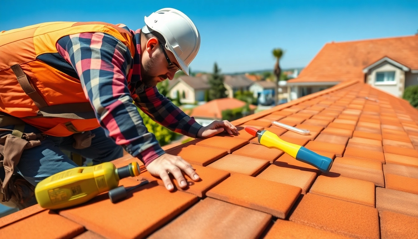 Roof repair service in action, showcasing a professional roofer working diligently on a residential rooftop.