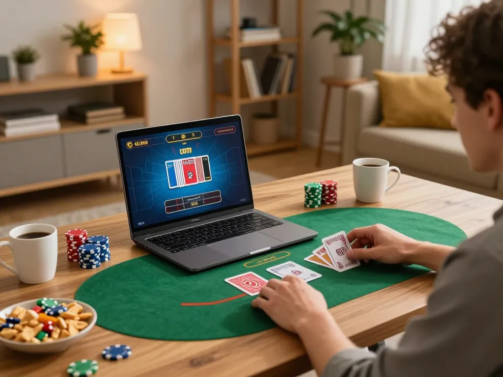 Engaging in เว็บตรงสล็อต live dealer games from a cozy home setup with snacks and warm lighting.