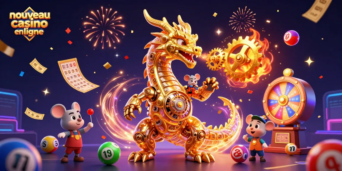 Illustration dynamique d'un nouveau casino en ligne avec un dragon doré et des boules de loterie colorées.