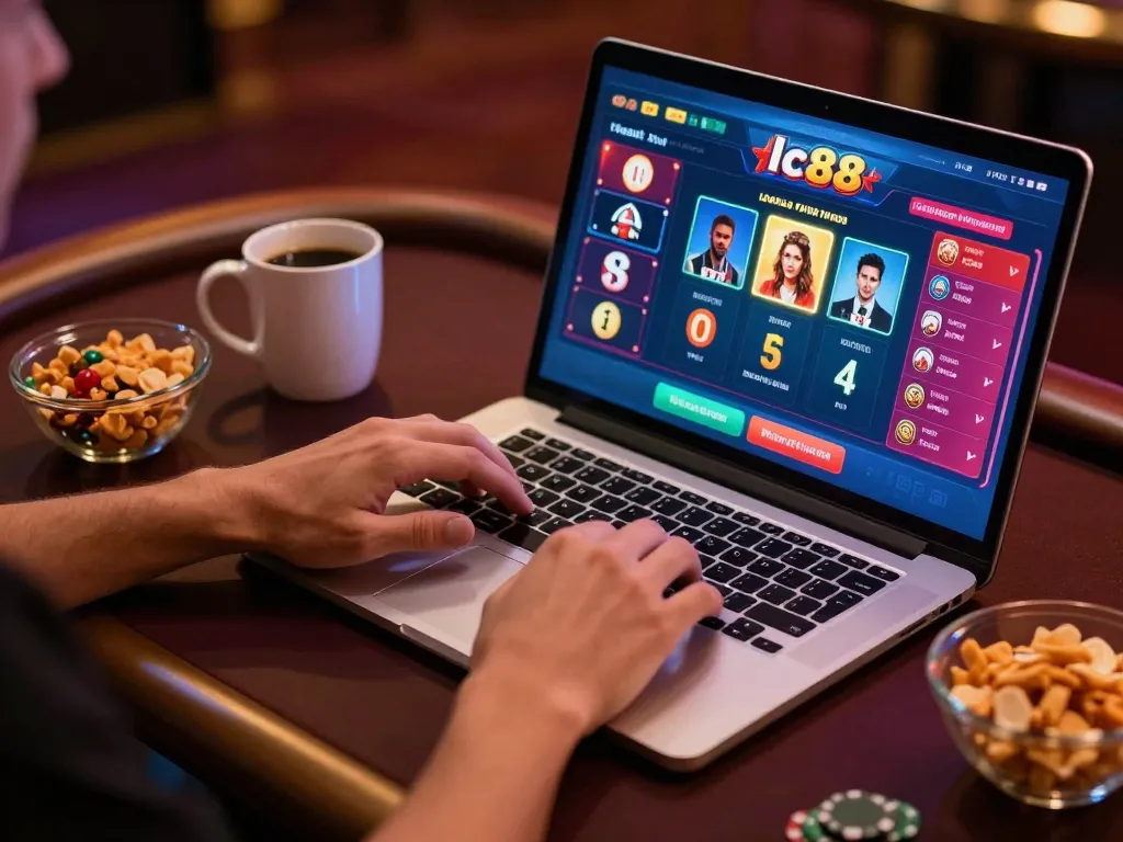 Player engaging with lc88 online games on laptop in a cozy home setting.