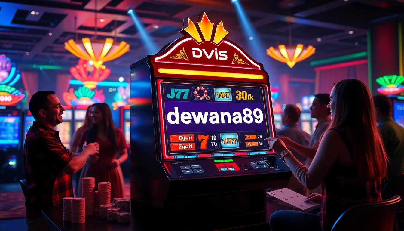 Pemain berinteraksi dengan mesin slot dewanaga89 di lingkungan kasino digital yang hidup.