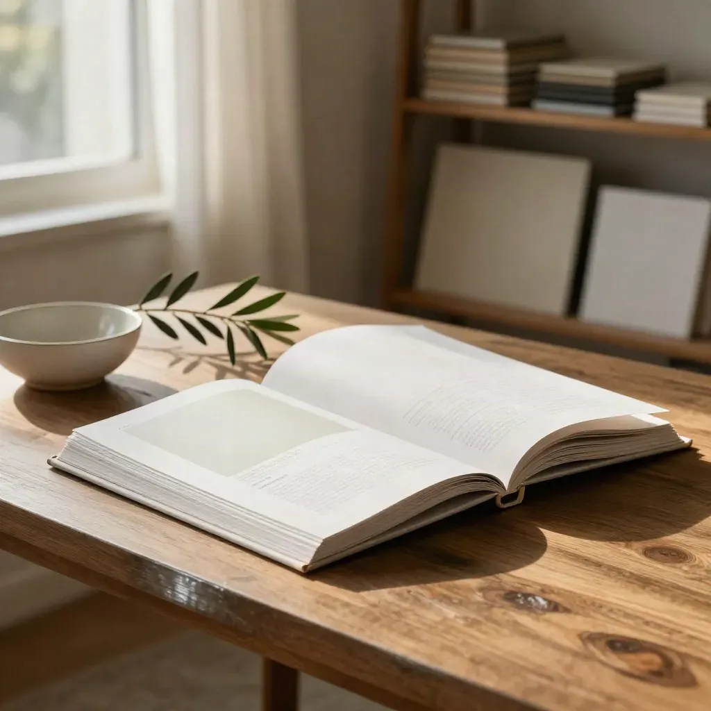 Sunlit loft table with homepage maquette, foam-core blocks, olive branch, and ceramic bowl.