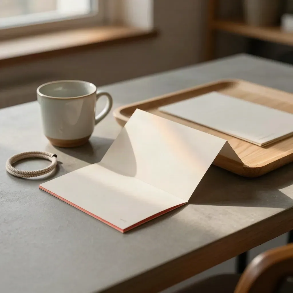 Landing-page mockup cards, ceramic cup and cord sliding on a café table in sunset light