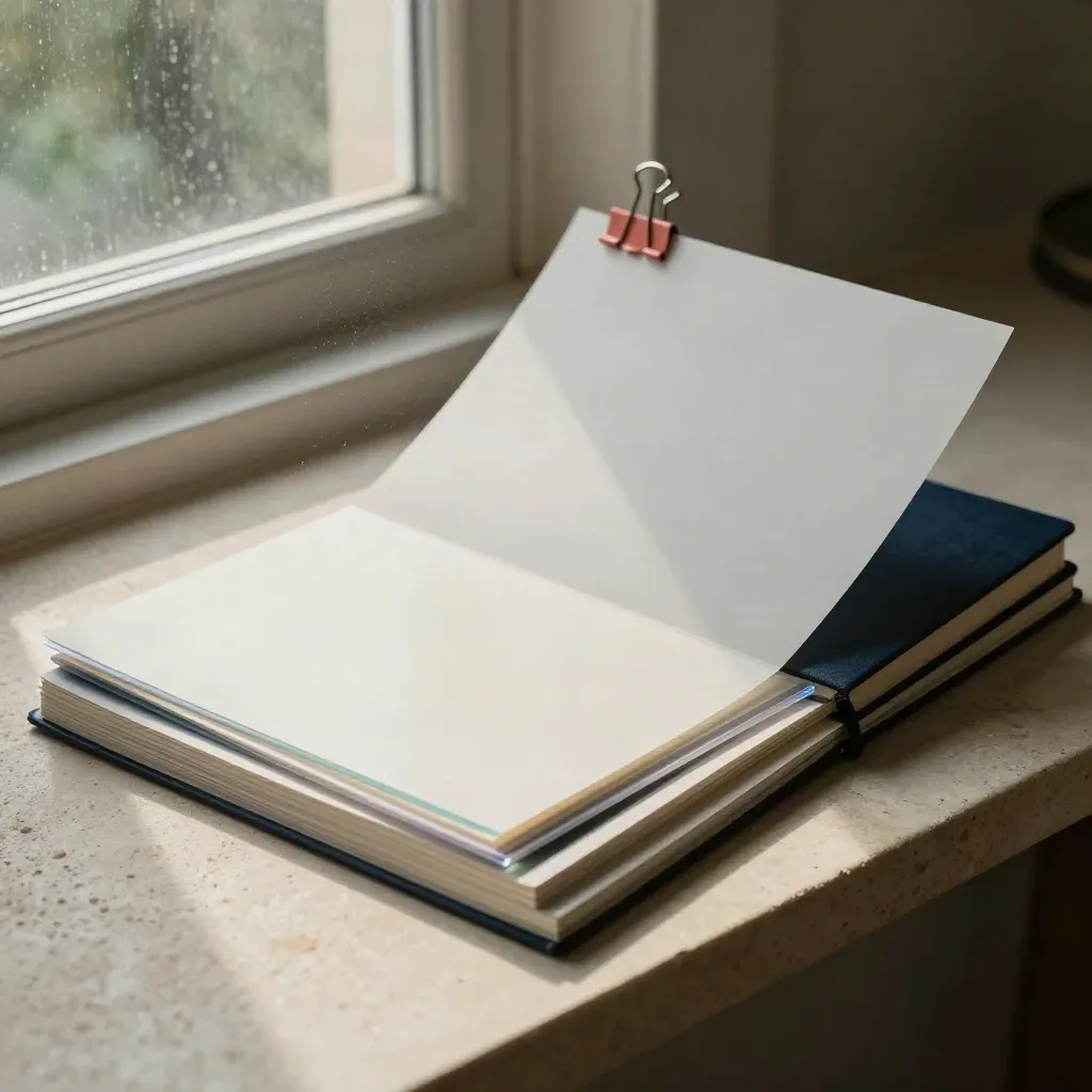 Rain-lit layout boards, acrylic mockups, navy notebook, and coral clip on pale stone.