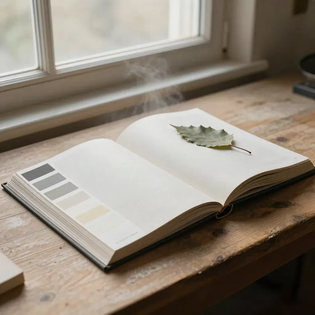 Bindery bench with swatch booklet, color chips, linen manual and leaf in warm morning haze