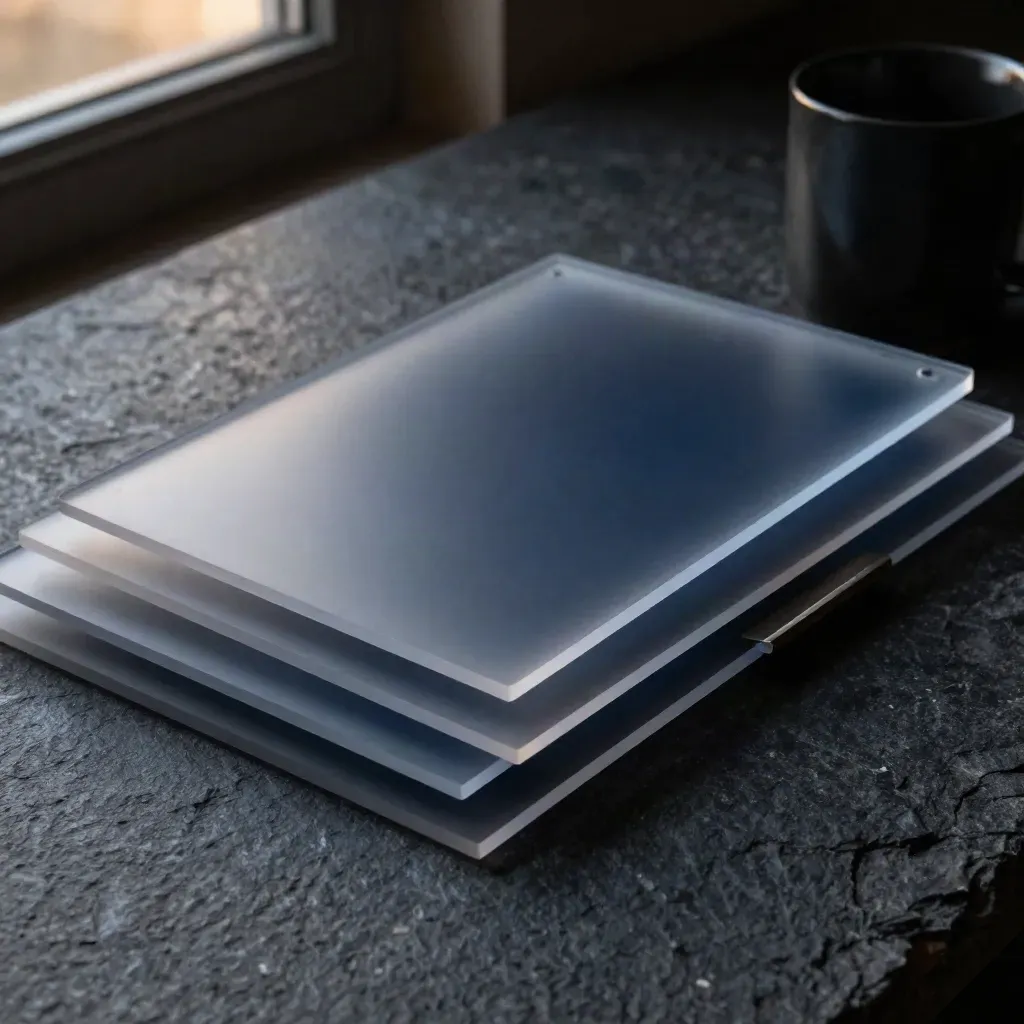 Charcoal stone desk with frosted UI mockup layers, black mug, and metal tabs in moody cinematic light.