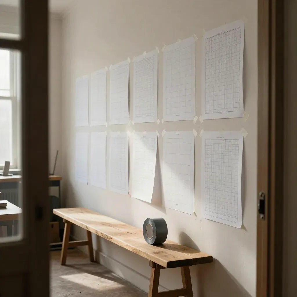 Plaster wall of taped wireframe sheets above a wood bench, seen diagonally from a doorway.