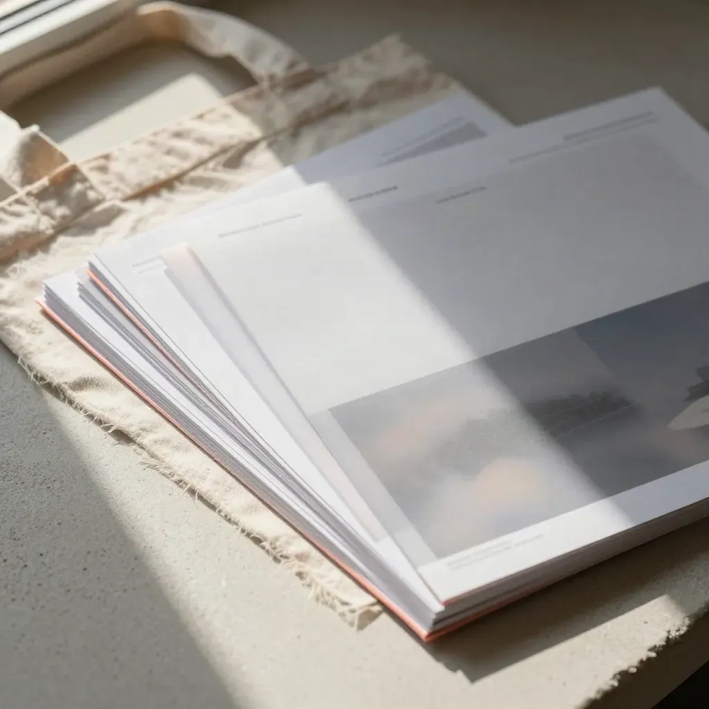 Landing page folders and overlays fanned on concrete beside a folded canvas tote.