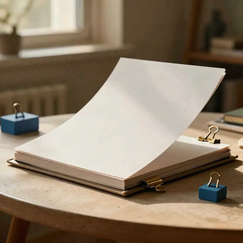 Open pitch-deck boards with brass clips and a blue model block on a plaster table in warm sunlight.