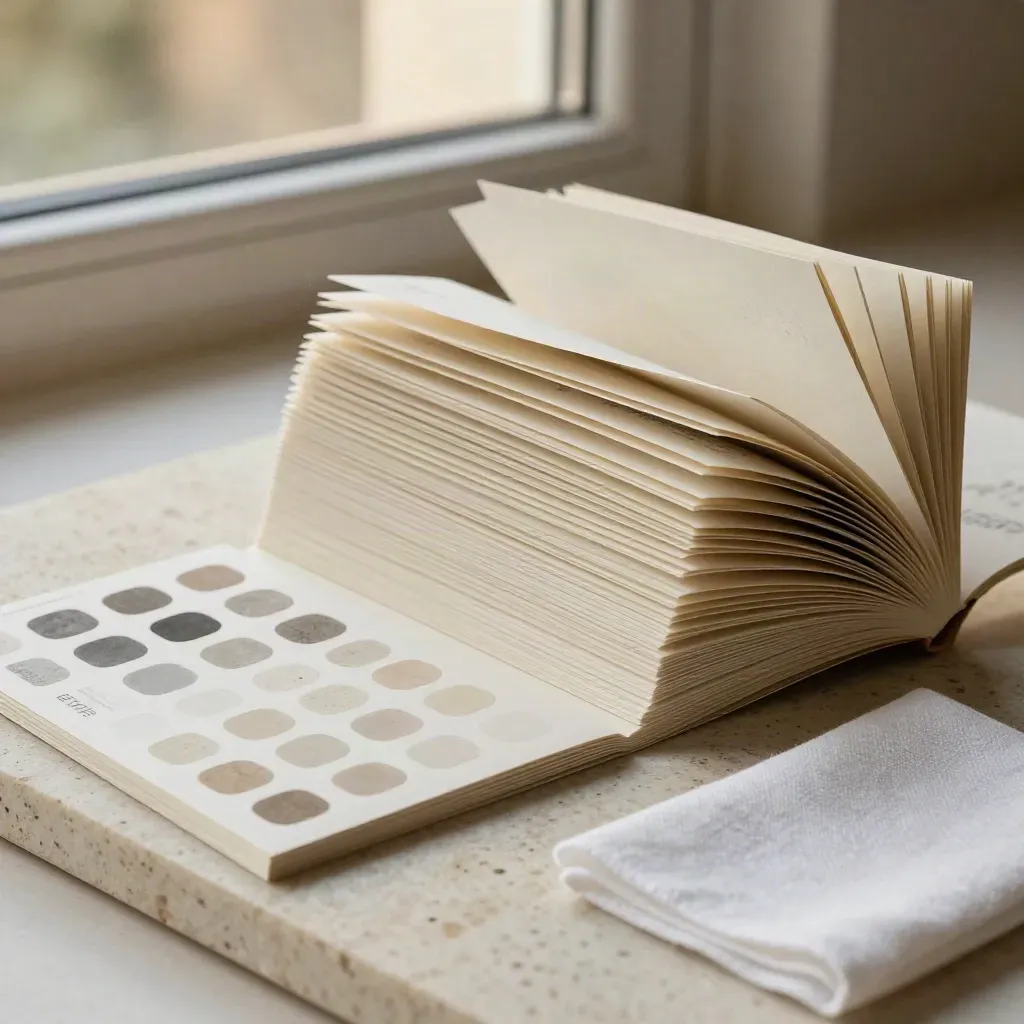 Overhead style guide sheets, color chips, and linen swatch on pale stone in dramatic window light