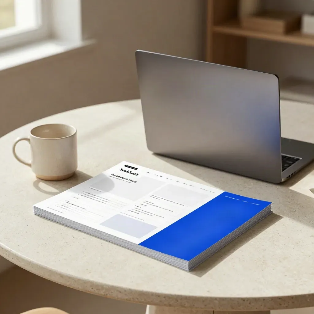 Plaster table with a closed laptop, layered homepage papers, and a mug in soft window light.