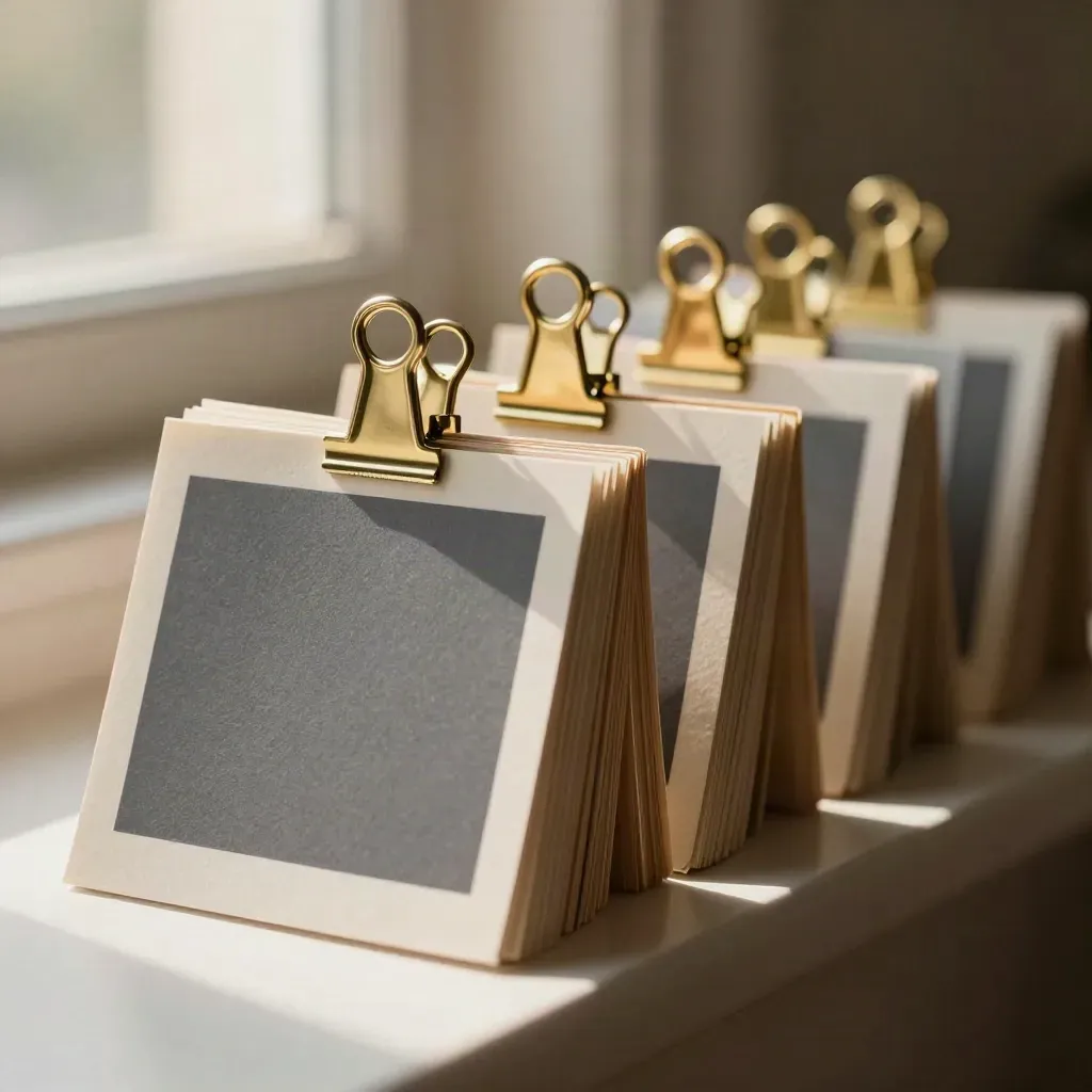 Brass-clipped proof cards lined up on pale wood in warm window light.