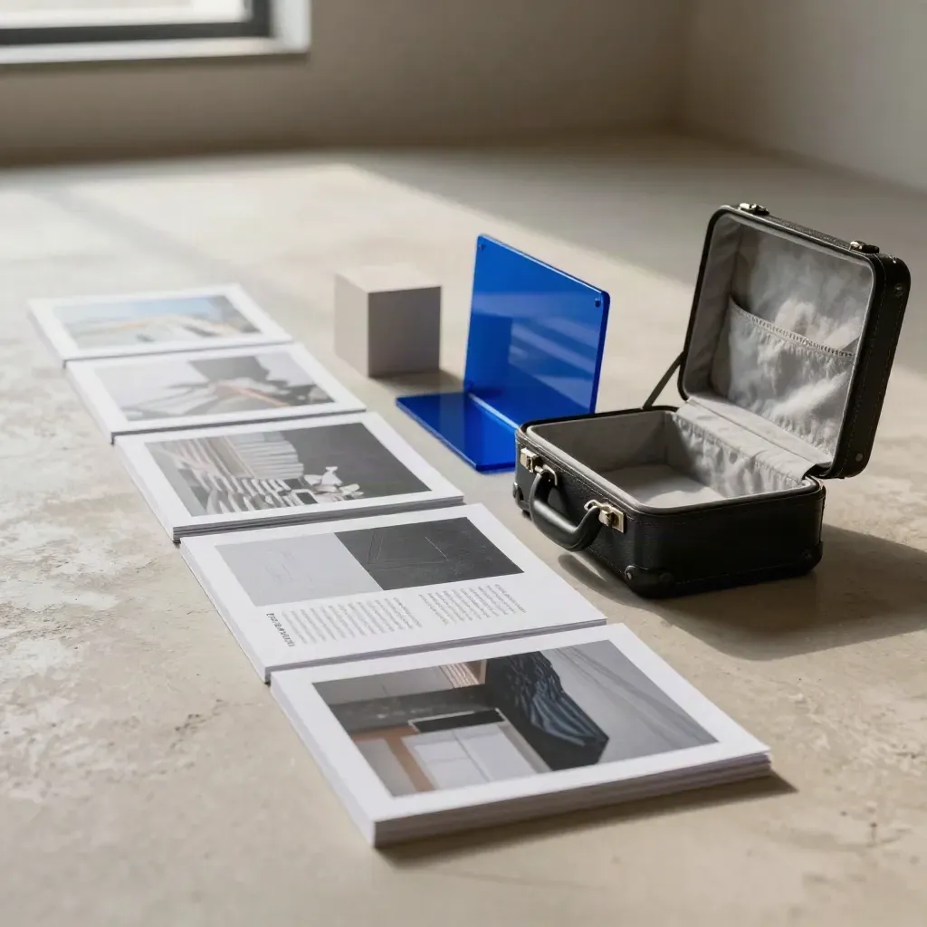 Pitch deck slides, travel case, and architectural block on a plaster floor in cool morning light.