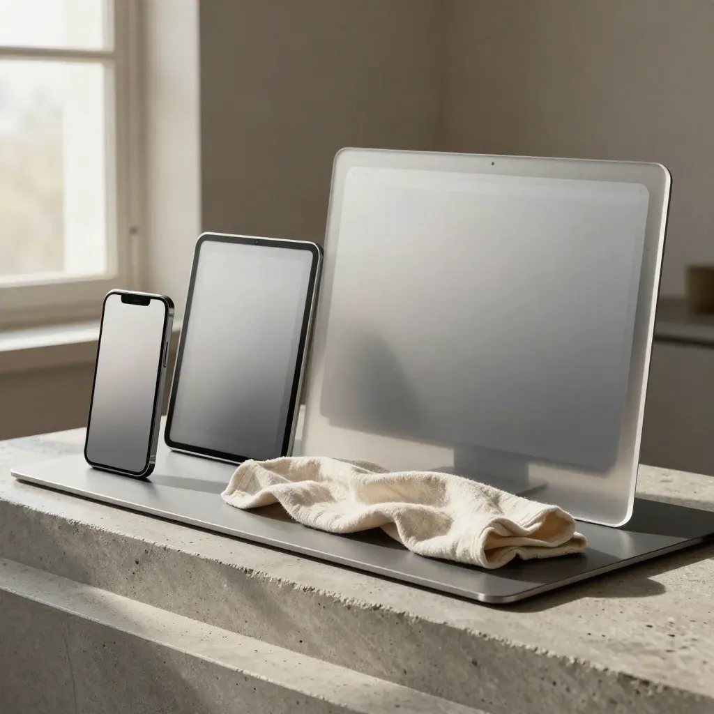 Three staggered mockup boards with translucent overlays and a settling cloth on concrete