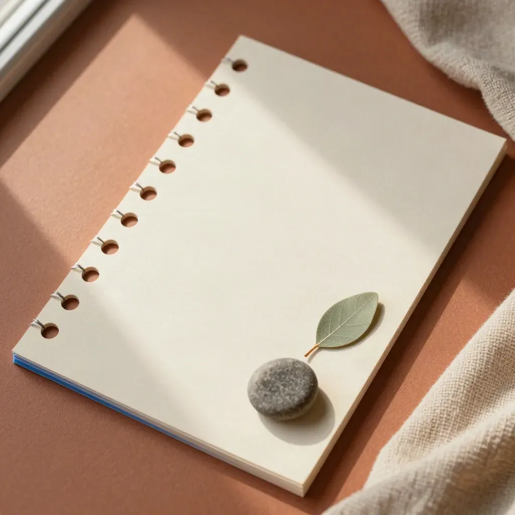 Top-down flatlay of blank cards in a spiral with stone token, leaf, and folded cloth.