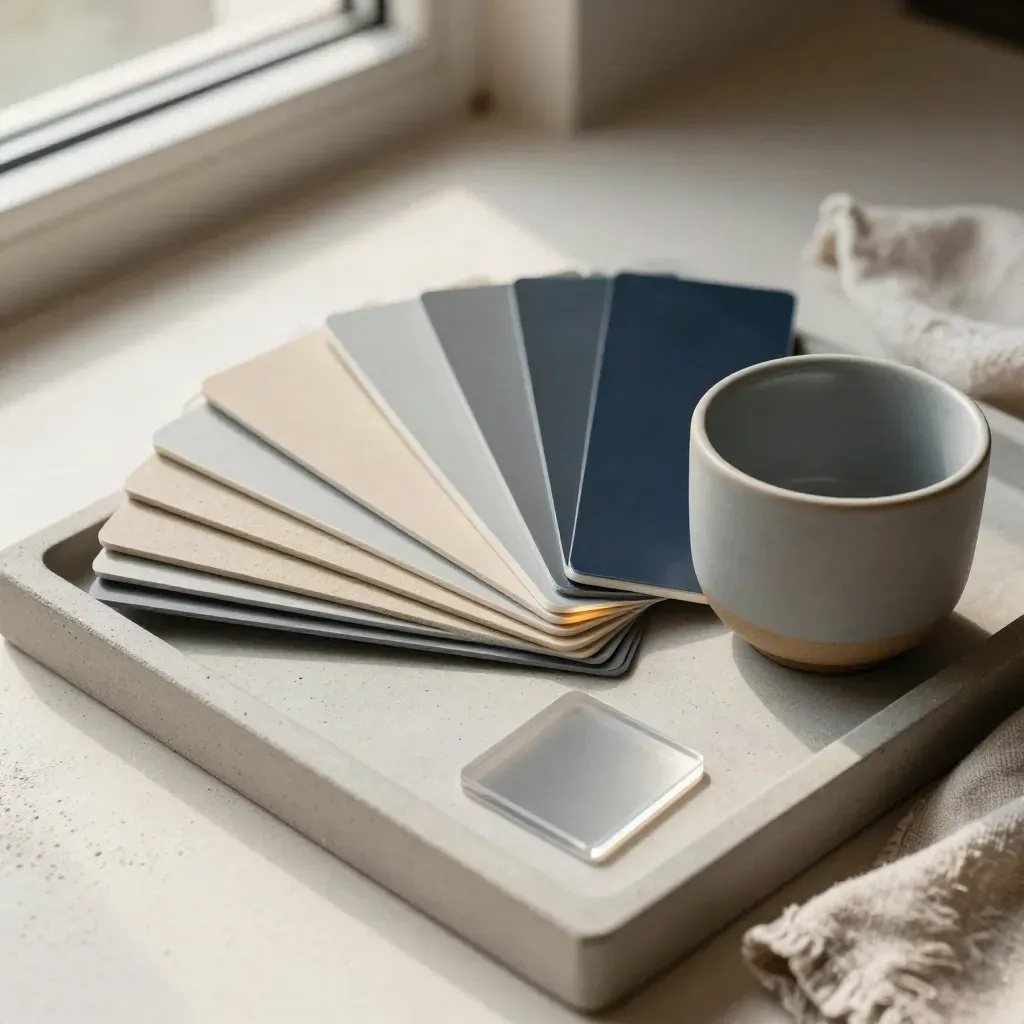 Swatch chips, acetate squares, ceramic cup and linen on a stone tray in soft window light