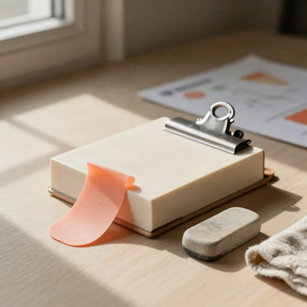 Coral-tab layout block with clip, eraser and cloth on pale wood in soft sunbeam.