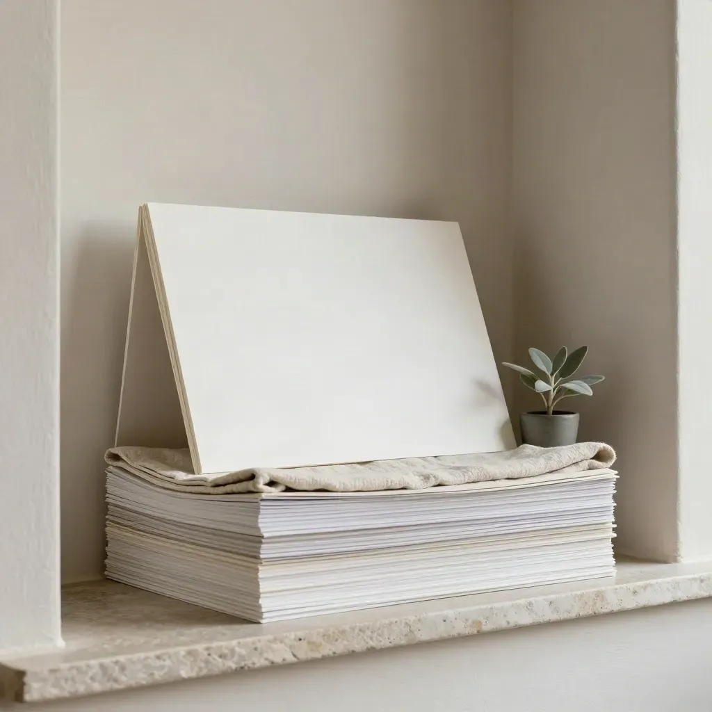 Blank presentation boards beside linen cloth and a small potted plant in a shelf niche.