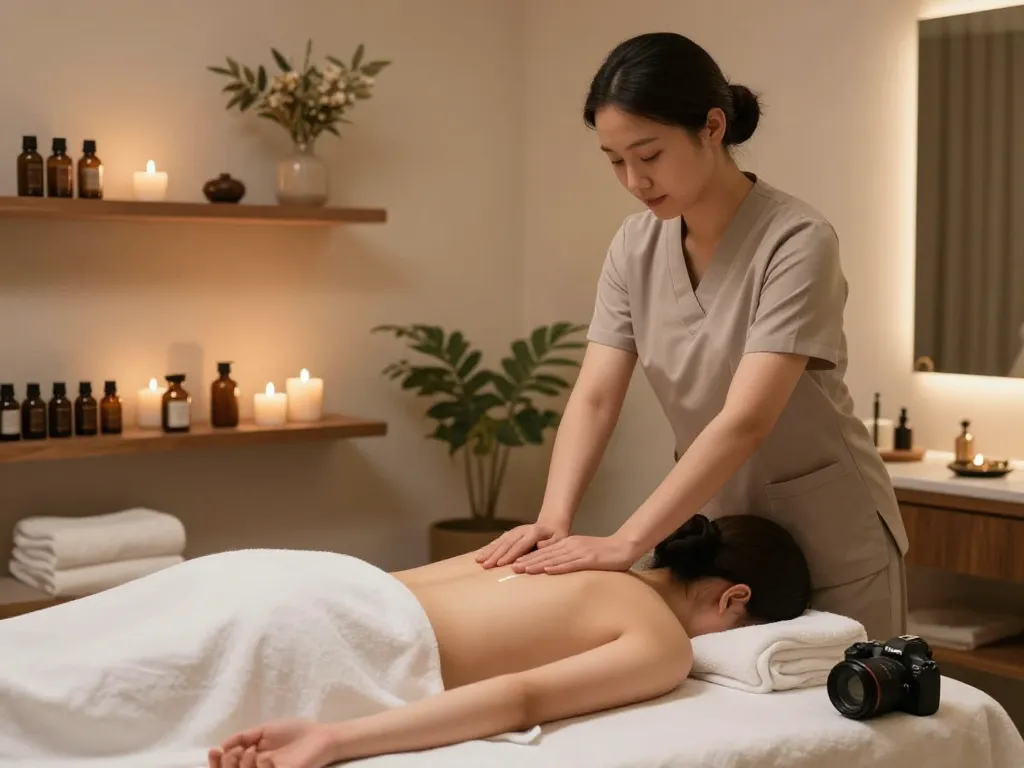Therapist performing 강남스웨디시 massage in a serene spa environment with candles and essential oils