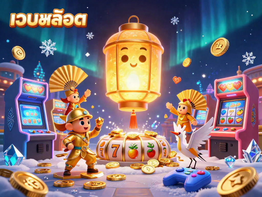 Engage in เว็บสล็อต excitement with a giant lantern spirit and vibrant slot reels in this lively casino scene.