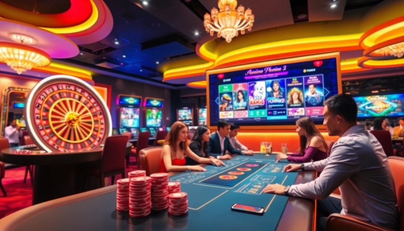 Experience the excitement of RR99 with players enjoying various casino games and vibrant elements.