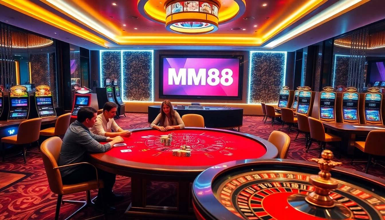 MM88 casino scene with players enjoying poker, roulette, and vibrant slot machines.