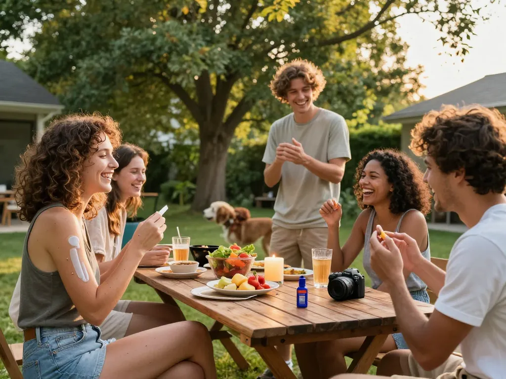 Friends applying mosquito repellent during a summer barbecue, ensuring protection against insects while enjoying the outdoors.