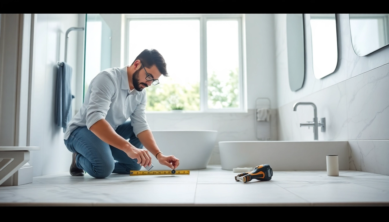 Skilled bathroom installers meticulously renovating a modern bath space with elegant fixtures.