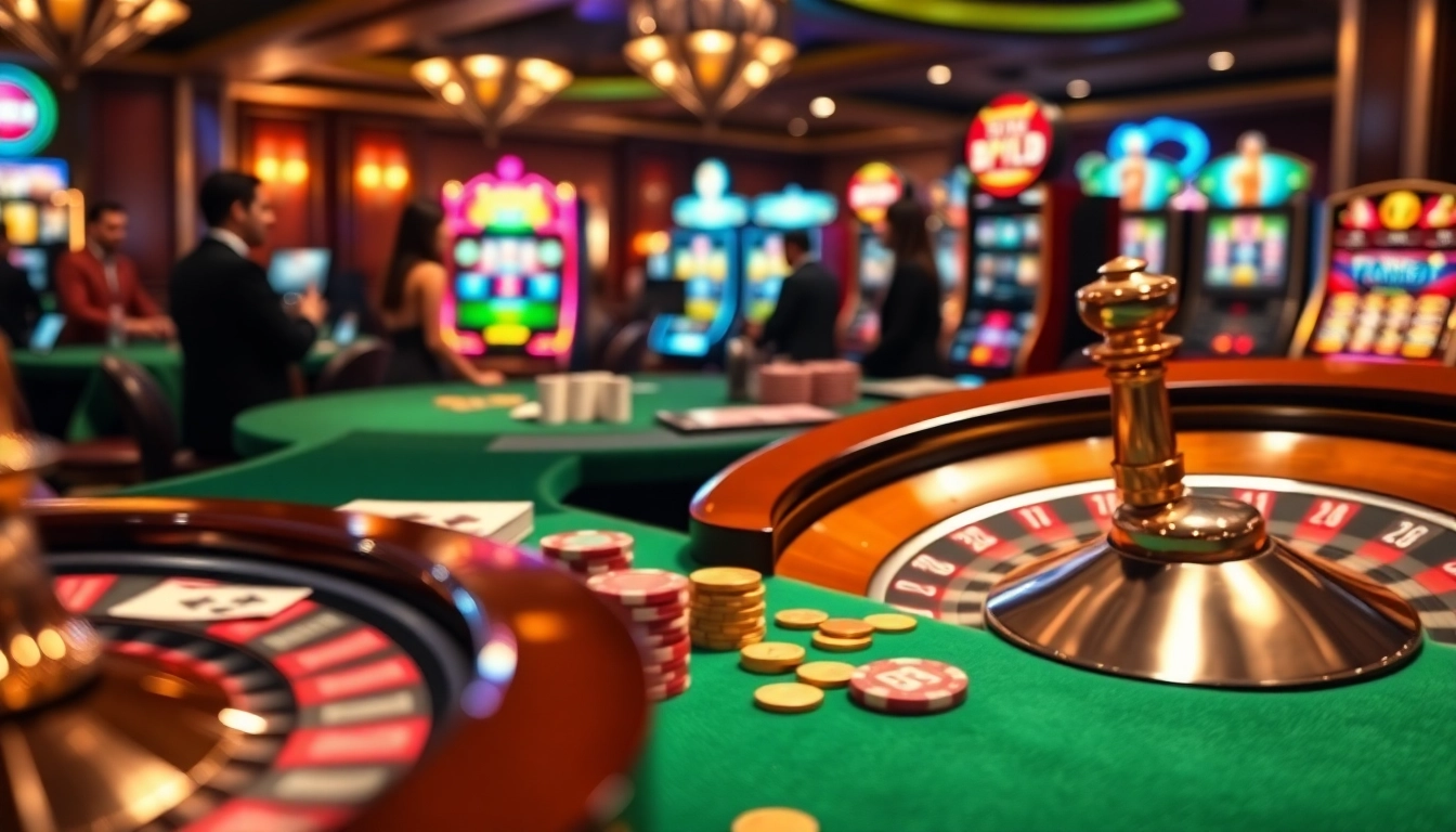 Excited gamblers enjoying a vibrant S8 table with poker chips and roulette wheel.