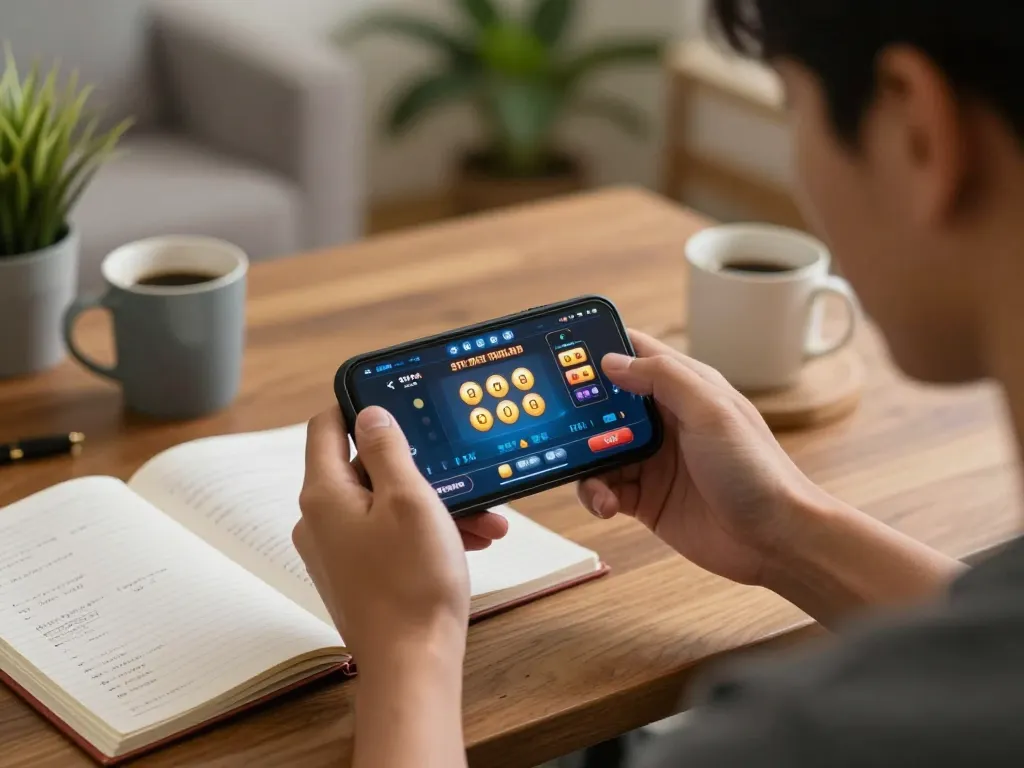 Engaged player on smartphone using situs slot thailand for online gaming in a cozy home setup.